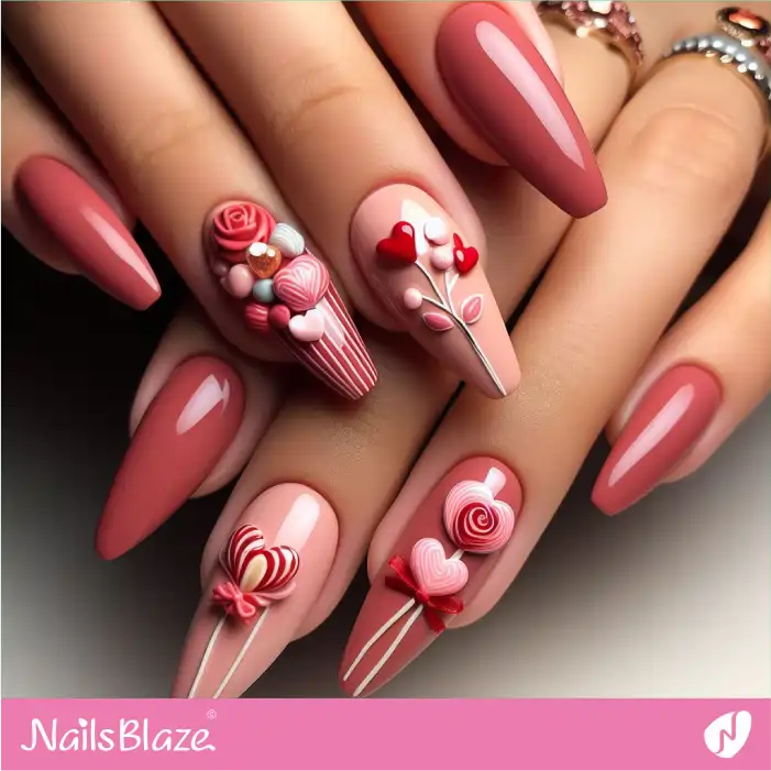 3D Design Valentine Nails with Candies and Lollipops | Valentine Nails - NB2198